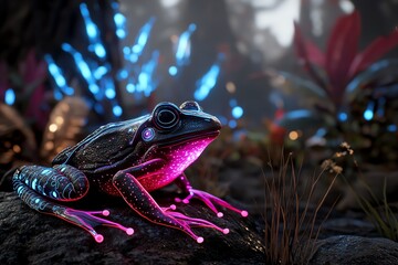 Poster - A futuristic frog with neon colors glowing in a high-tech jungle, where plants and creatures are bioluminescent and the forest is filled with advanced technology.