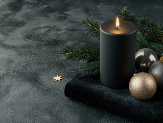 Sticker - cozy christmas candle and ornaments on dark background