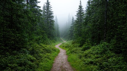 Canvas Print - Misty forest path through lush green trees