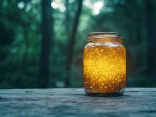 Poster - Glowing jar of honey in the forest