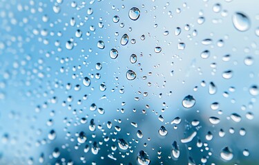 Water droplets on glass with a clear blue sky in the background.