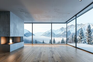 Spacious living room with wide windows showcasing a scenic snowy mountain view.