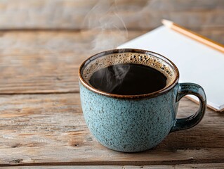 Poster - Steaming hot cup of coffee on rustic wooden table