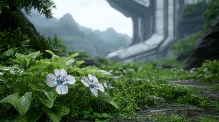 Wall Mural - Lush tropical forest landscape with blooming flowers