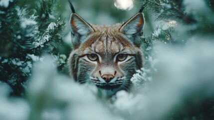 Canvas Print - Lynx peering through snowy pine branches