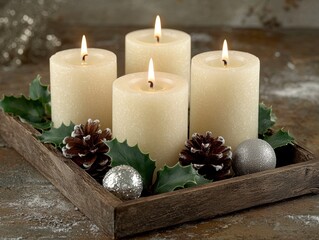 Wall Mural - cozy winter candle arrangement with pine cones and ornaments