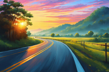 Digital oil painting of Empty country road at dusk long open road stretching out far away into the distance ,highway drive with beautiful sunrise landscape