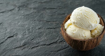 Poster - Creamy coconut ice cream scooped in a coconut shell