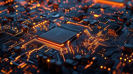 Close-up of a lit-up computer circuit board with a central processor