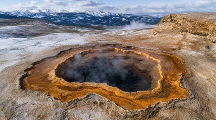 Canvas Print - Steaming geothermal pool in snowy landscape