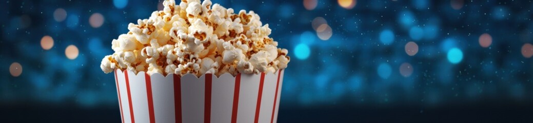 Canvas Print - Delicious popcorn in a striped box against a blue bokeh background