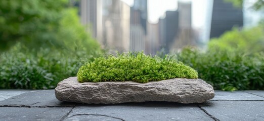 Wall Mural - Lush green moss growing on a rock in an urban setting