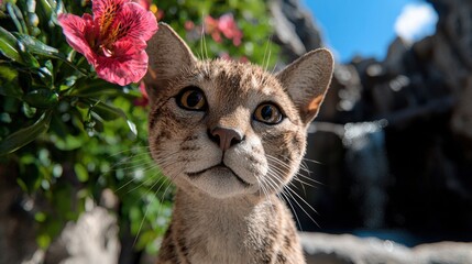 Wall Mural - curious cat looking at vibrant red flower