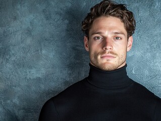 Wall Mural - Serious young man with curly hair wearing a black turtleneck