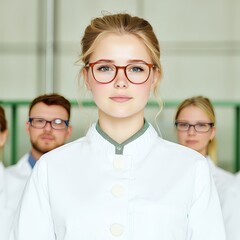 Poster - Confident Female Scientist in Lab Coat with Team in Background