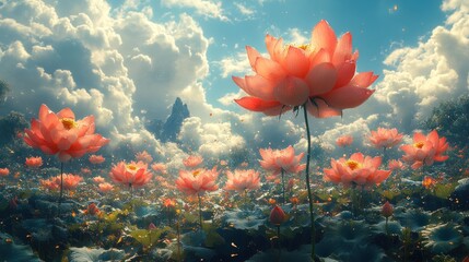 Canvas Print - A serene landscape of blooming lotus flowers under a vibrant sky.