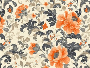 Elegant floral wallpaper pattern with red flowers and gray leaves on a beige background.