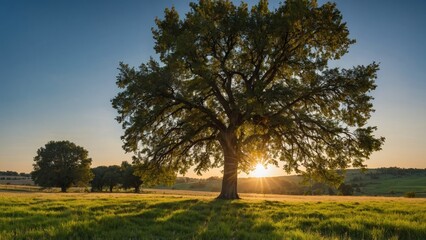 Wall Mural - a tree at sunset with a field of grass and a tree with a beautiful sky