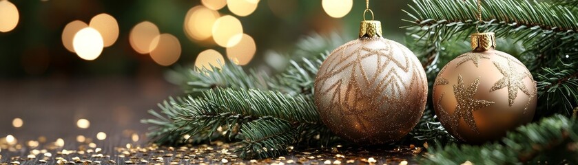 Christmas Ornament on Pine Branch with Golden Lights and Confetti