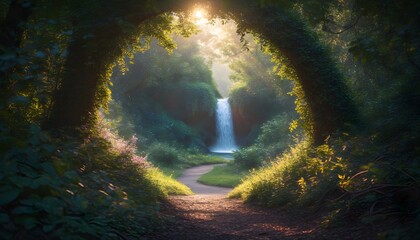 Wall Mural - Fairytale Garden Awash in Firefly Glow with Majestic Waterfall Cascading Down Vibrant Flower-Clad Cliff at Dusk