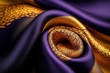 Aufkleber - A hyper-realistic close-up of a piece of Thai silk, showing every intricate thread, pattern, and texture of the gold and purple fabric as it shimmers under natural light.
