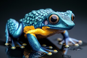 Poster - A hyper-realistic close-up of a poison dart frog, showing every detailed texture of its vibrant blue and yellow skin, with water droplets reflecting the light in the rainforest.