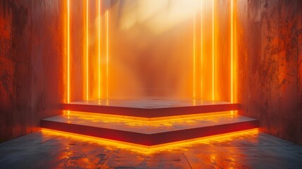 Wall Mural - a futuristic, abstract background with a concrete floor, stairs, and glowing orange neon lights.