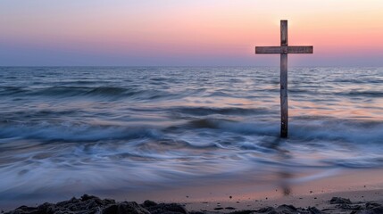 Wall Mural - Serene Beach Cross at Sunset Over Calm Waves