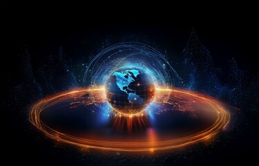 Poster - A glowing blue and orange digital rendering of the Earth with light trails emanating from it.
