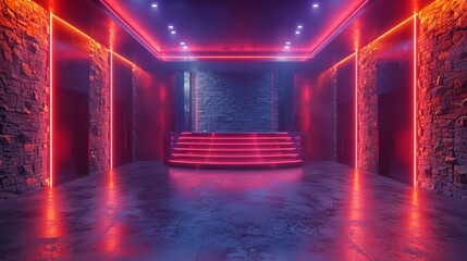 Wall Mural - a futuristic, empty room with a concrete floor and stone walls is illuminated by vibrant red and blu