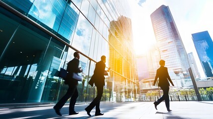 Canvas Print - Three business professionals walk in front of a modern skyscraper.