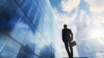 Wall Mural - A businessman in a suit stands outside a modern office building, looking towards a bright future.