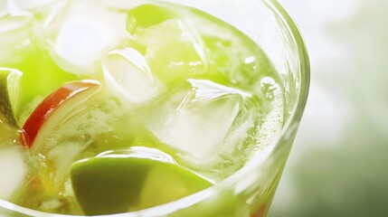 Close-up of a refreshing green drink with ice and fruit.