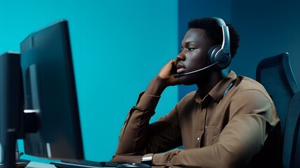 Canvas Print - A young man wearing headphones sits in front of a computer screen in a dimly lit room.