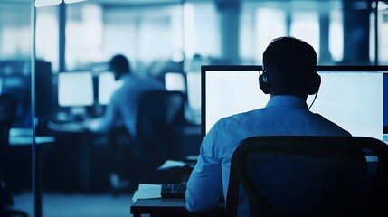 Poster - A man in a headset sits at his desk and works on a computer in a corporate office.