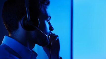 Poster - Man in blue light wearing headset, looking serious.