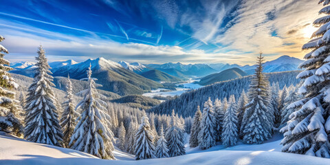 Wall Mural - Breathtaking vista of rolling snow covered hills and valleys, dotted with evergreen trees under clear blue sky. serene landscape evokes sense of peace and wonder