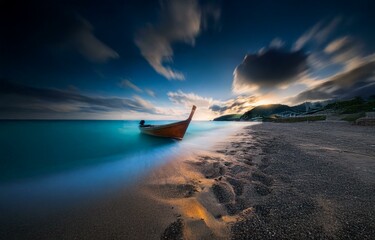 A wooden boat sits beached on a sandy shore with turquoise water in the background.  The clouds in the sky have a soft, blurred effect.