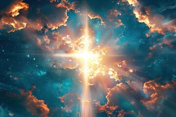 Wall Mural - a bright light shining through a cloudy sky with a cross in the middle, generative ai image