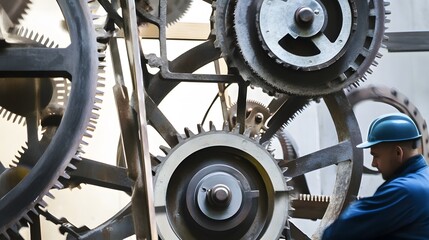 A man in a blue hard hat stands near a large industrial gear system.