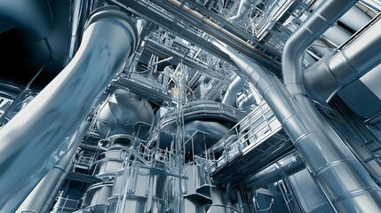 Poster - A complex network of pipes and walkways in a large industrial facility.