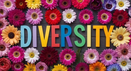 Wall Mural - diversity word lettering on flowers background