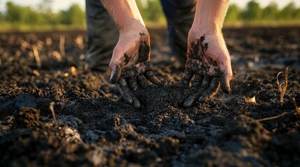 Wall Mural - A close-up of hands spreading biochar evenly over a field, enriching the soil with carbon and improving fertility