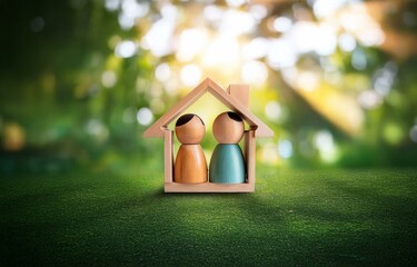 Two wooden figures stand inside a wooden house shape, set against a blurred green background.