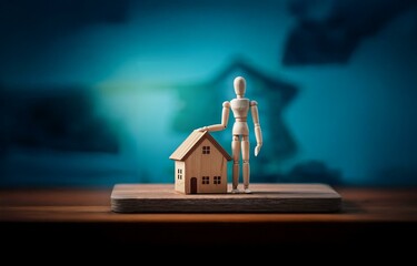 A wooden figurine stands beside a small wooden house model on a tabletop.