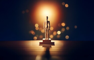 A wooden figure stands on a small platform, bathed in warm light, against a dark background with bokeh.