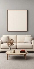 Wall Mural - Minimalist Living Room Interior with Beige Sofa  Coffee Table and Blank Canvas