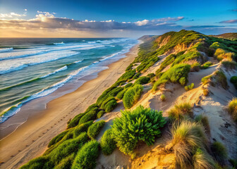 Wall Mural - Breathtaking coastal landscape featuring densely vegetated dunes, golden sands, and rolling waves under vibrant sky. serene beauty evokes sense of tranquility and connection to nature