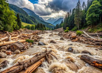 Wall Mural - turbulent river flows through rugged valley, surrounded by dense forests and majestic mountains. landscape is marked by fallen trees and rocky debris, showcasing power of nature