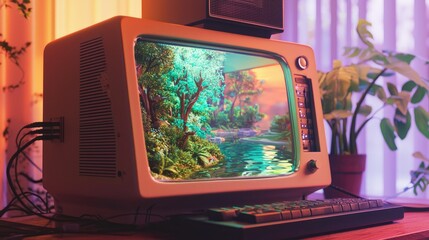 Poster - Retro Computer Displaying Miniature Forest Scene